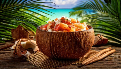 Handcarved coconut bowl filled with tropical ingredients, set against vibrant beach backdrop, evokes sense of freshness and island life