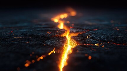 Molten lava flowing through a fissure in the earth.