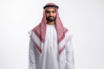 An Arab man wearing a traditional white thobe and red and white keffiyeh, standing confidently and isolated on a white background