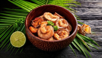 Delicious handcarved coconut bowl filled with fresh seafood, garnished with herbs, and set against tropical backdrop
