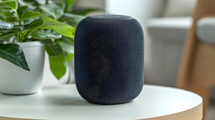 Modern smart speaker on a table with a plant, showcasing home technology and minimalist living.