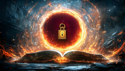 Open book reveals lock portal, glowing and mysterious, amidst urban backdrop