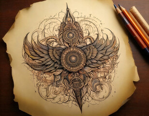 Hand drawn tattoo design featuring intricate ornamental line art with wings and central compass motif parchment. This artwork evokes sense