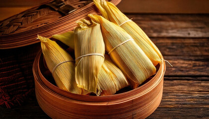 Delicious tamales wrapped in corn husks, resting in wooden steamer, showcasing ancestral cooking method that evokes warmth and tradition