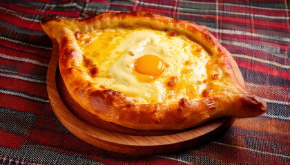Delicious Georgian khachapuri with oozing cheese and sunny egg, served on wooden board, evokes warmth and comfort