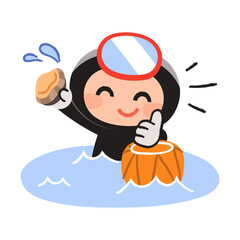 A character of a female diver from Jeju Island, South Korea. A cute female diver holding an abalone she caught in the sea and giving a thumbs up.