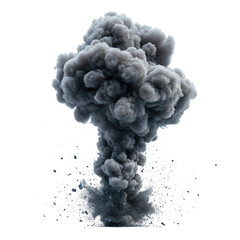 Dark gray smoke cloud rising high from a ground explosion isolated on transparent background, cutout PNG