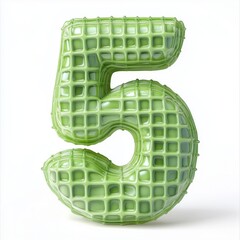 Font number 5 shaped with green waffle snack pattern for kids learning isolated white