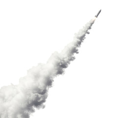 Rocket shooting into the sky, leaving a trail of smoke, isolated on transparent background, cutout PNG