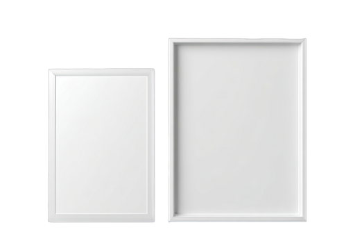 Two white picture frames, one larger than the other, on a plain background