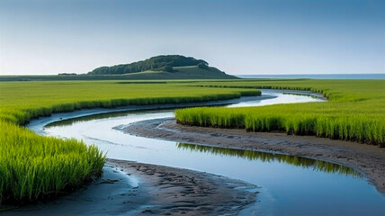 Obraz premium A serene landscape photograph of a winding tidal creek cutting through vibrant green marsh grass.