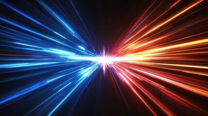 Symmetrical blue and orange light beams radiate from a central point, creating a dynamic and futuristic energy effect.