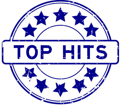 Grunge blue top hits word with star icon round rubber seal stamp on white background