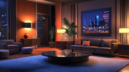 The chic living room features elegant modern furniture and ambient lighting, creating a cozy atmosphere perfect for evening relaxation.