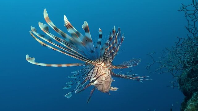 A lionfish (Pterois miles) spreads its venomous fins near a reef drop-off, showing striking anatomy against the deep blue ocean. Check my portfolio for more lionfish footage.