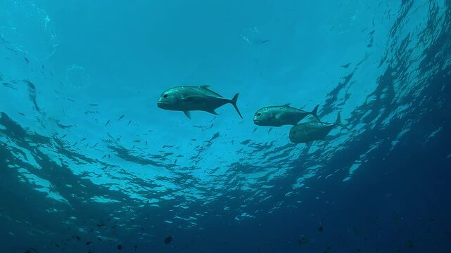 Two giant trevallies (Caranx ignobilis) swim near the surface in the blue. Wide upward shot showing their streamlined bodies in open ocean. Check my portfolio for more trevally footage.