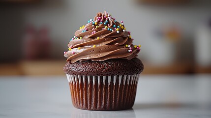 Chocolate cupcake with swirl frosting topping high resolution picture