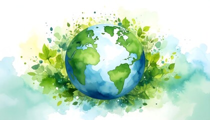 Hopeful watercolor: Vibrant, healing globe blooming with lush greens & new growth. Gentle brushstrokes represent positive energy & renewal against a clean sky.