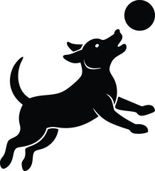 Silhouette of a playful dog jumping up to catch a black ball in vector illustration