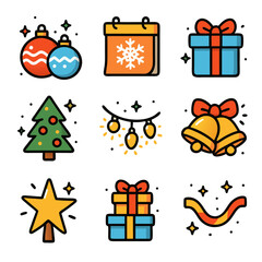 Fototapeta premium Christmas tree icons nine colorful ornaments gifts and a festive tree.