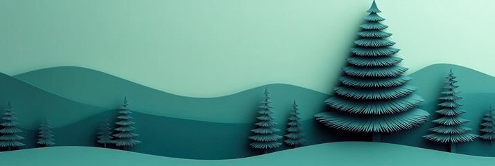 A serene winter landscape with stylized pine trees and rolling hills in shades of teal, suitable for website banners, holiday promotions, or nature-themed blog backgrounds.

