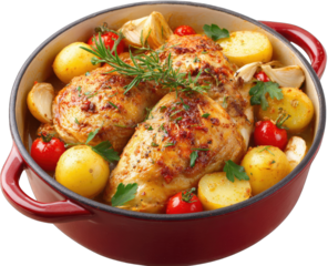 Roasted chicken and potatoes in a Dutch oven