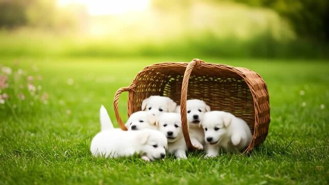 Three fluffy white puppies snuggling together on a green lawn, embodying pure cuteness and warmth.