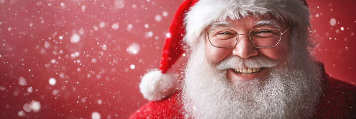 A festive image of Santa Claus smiling and surrounded by falling snow on a red background, ideal for websites or blogs about Christmas, holidays, or winter celebrations.

