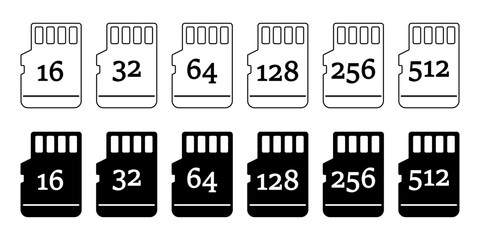 Memory card icon Black and white outline vector. Memory card icon silhouette. Micro SD cards of various sizes. Vector illustrations EPS10