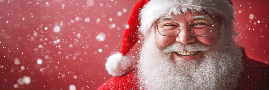 A festive image of Santa Claus smiling and surrounded by falling snow on a red background, ideal for websites or blogs about Christmas, holidays, or winter celebrations.

