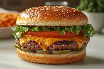 Classic cheeseburger closeup with melted cheddar high resolution picture