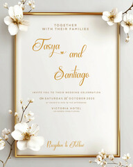 wedding invitation card with gold ribbon