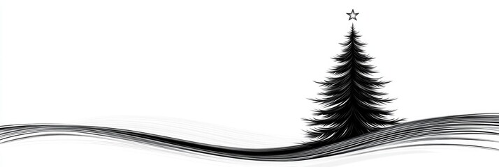 monochrome illustration of a Christmas tree with a star on a stylized snowy ground, suitable for websites or blogs with a winter or holiday theme.