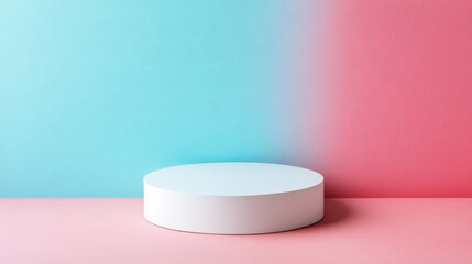 Simple white pedestal on a vibrant two-tone background.