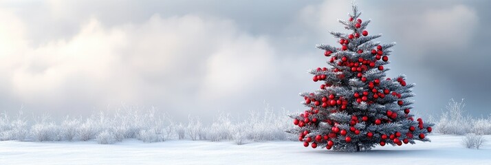This image features a snow-covered Christmas tree with red ornaments in a winter landscape, suitable for websites and blogs about holidays, winter, festive decor, and seasonal themes.

