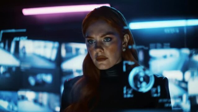 Surveillance expert monitoring multiple security screens in dark control room, seamless looping 4k time-lapse animation video background
