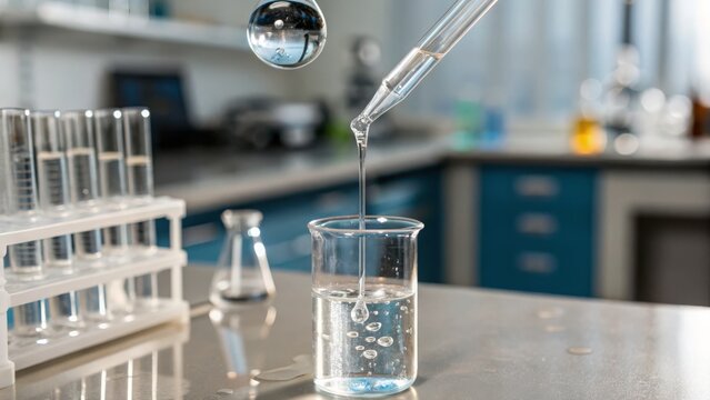 A close-up of a laboratory setting where a pipette is dispensing liquid into a beaker, with test tubes and scientific equipment in the background.Clean Water Technology. - Powered by Adobe