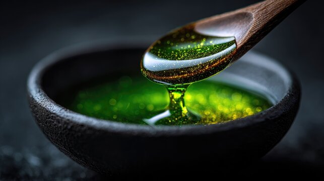 Close-up of a glistening green liquid being poured from a wooden spoon into a dark bowl.