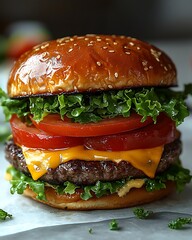 Classic hamburger with shiny sesame bun high resolution picture