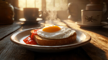 steaming fried egg on toast with ketchup and a coffee