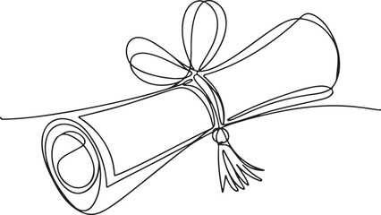 continuous line drawing of a rolled diploma with ribbon bow and tassel in black on white background