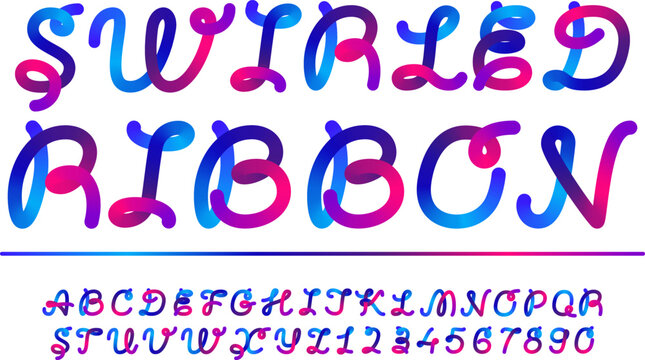 Letter round ribbon written font, color gradient cursive alphabet, 3d line identity typography and numbers. Latin vivid holographic vector text. Rainbow fold abc script, english fusion flexible brush