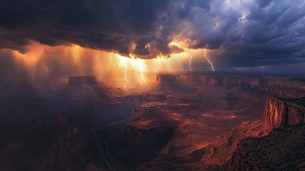 Dramatic canyon vista during a thunderstorm, with vibrant lightning illuminating the landscape