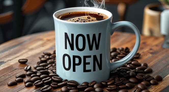now open lettering on coffee mug at table - Powered by Adobe