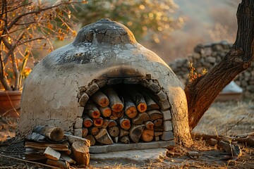 Clay baking oven with firewood stacked high resolution picture