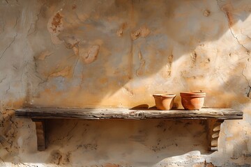 Clay containers displayed on vintage plank high resolution picture