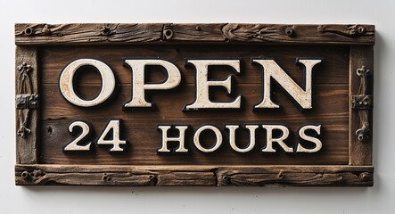 open 24 hours lettering on medieval ancient sign wooden board on plain white background