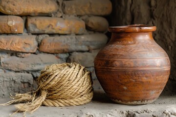 Clay pot with jute rope bundle high resolution picture