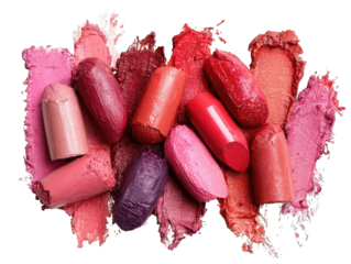 Assorted lipstick remnants, various shades of pink, red, and purple, smudged and layered