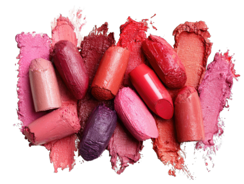 Assorted lipstick remnants, various shades of pink, red, and purple, smudged and layered